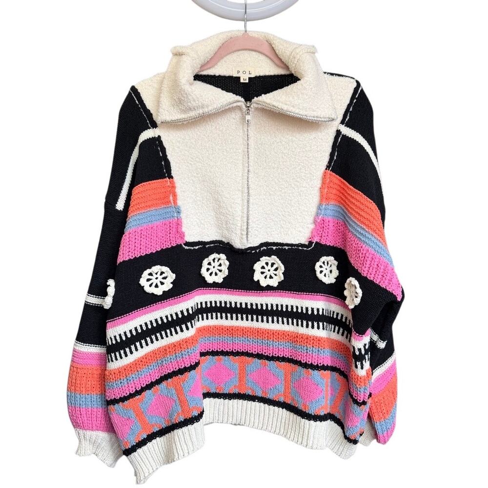 POL Half Zip Patchwork Chenille Sweater Medium Brand Free Spirited Opal Pattern